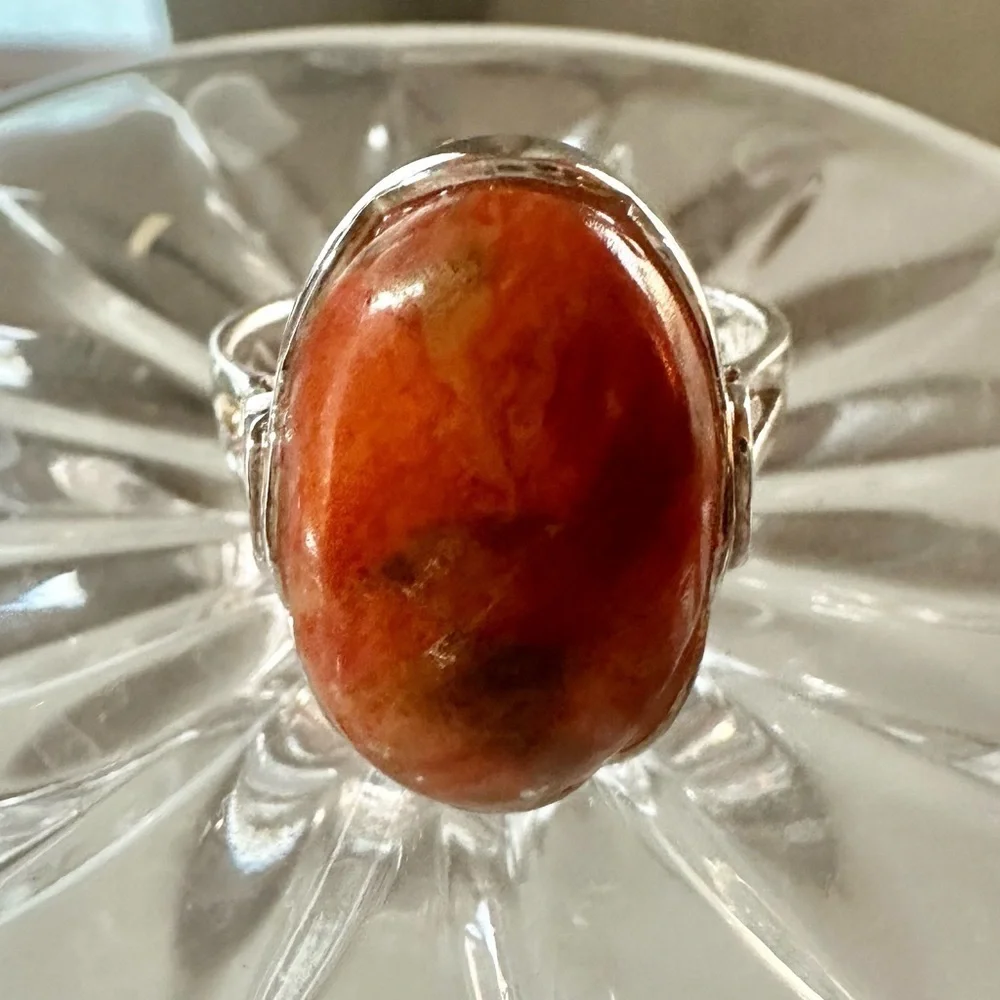 Vintage Red Coral  and  925 Silver Ring with Cabochon Stone cut.